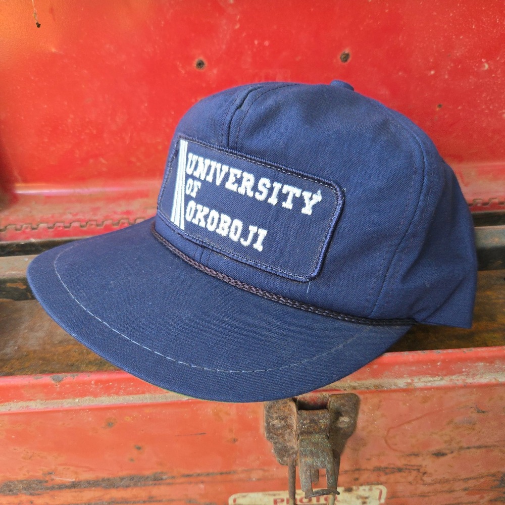 VTG K-Brand University Of Okoboji Hat Navy OSFM Leather Strap Golf Buckle USA‎